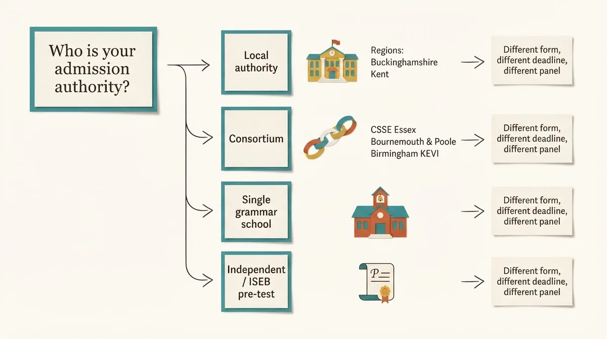 Decision flow showing four routes for identifying your 11 plus admission authority: local authority, consortium, single school and ISEB
