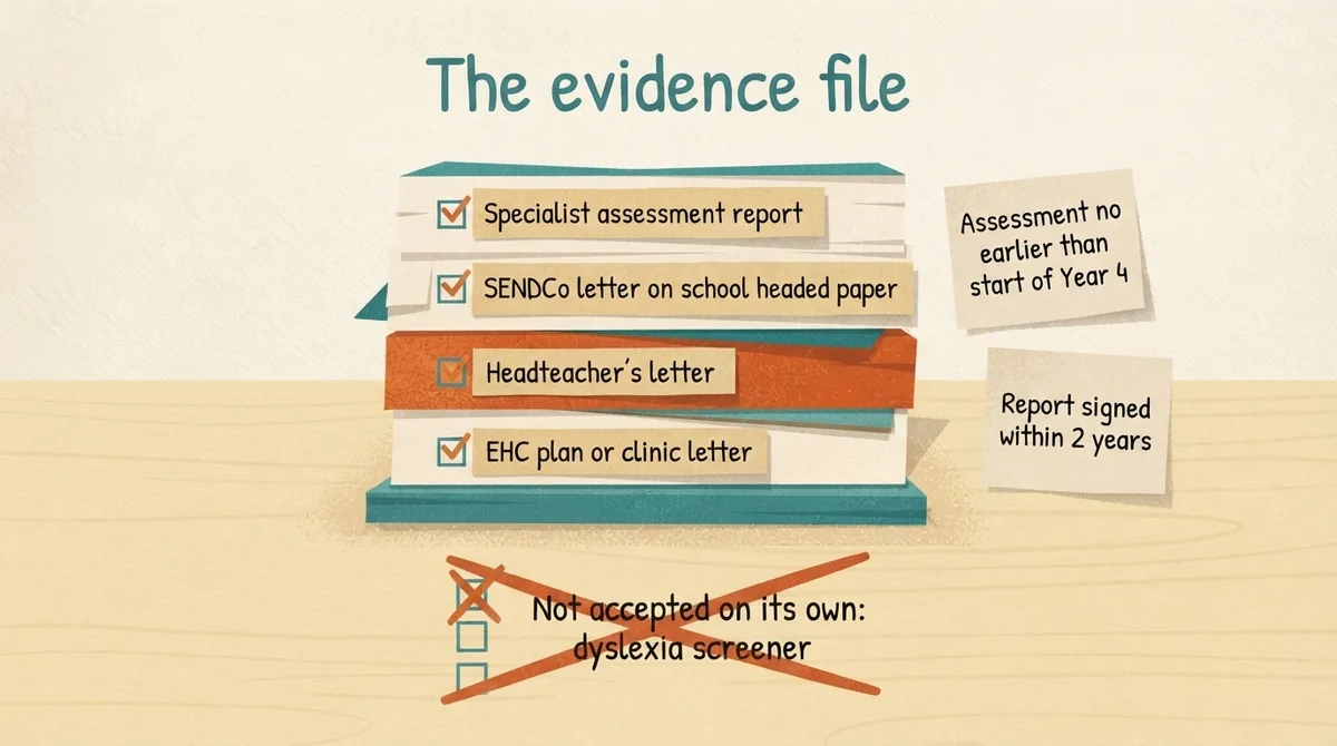 Illustration of an 11 plus access arrangements evidence file: specialist report, SENDCo letter, headteacher letter and EHC plan, with recency rules