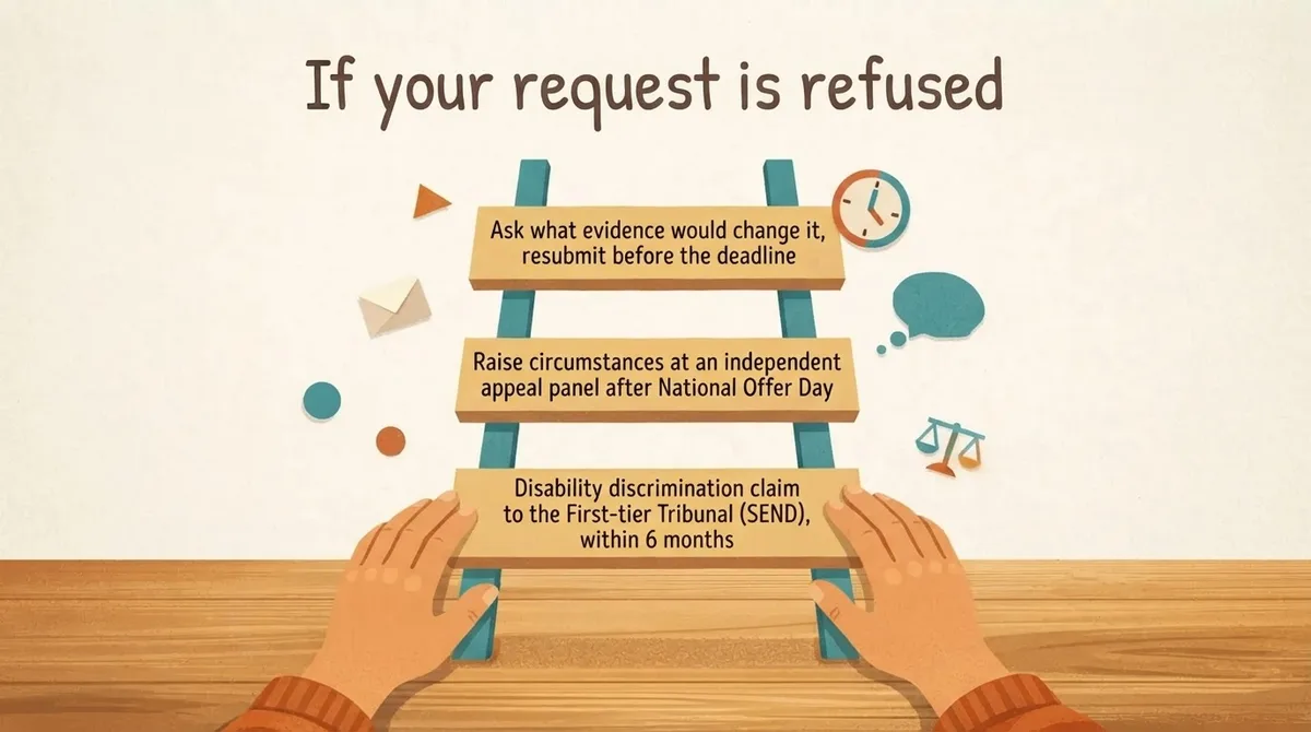 Three-rung escalation ladder for a refused 11 plus access arrangement request: resubmit with new evidence, admission appeal, SEND tribunal