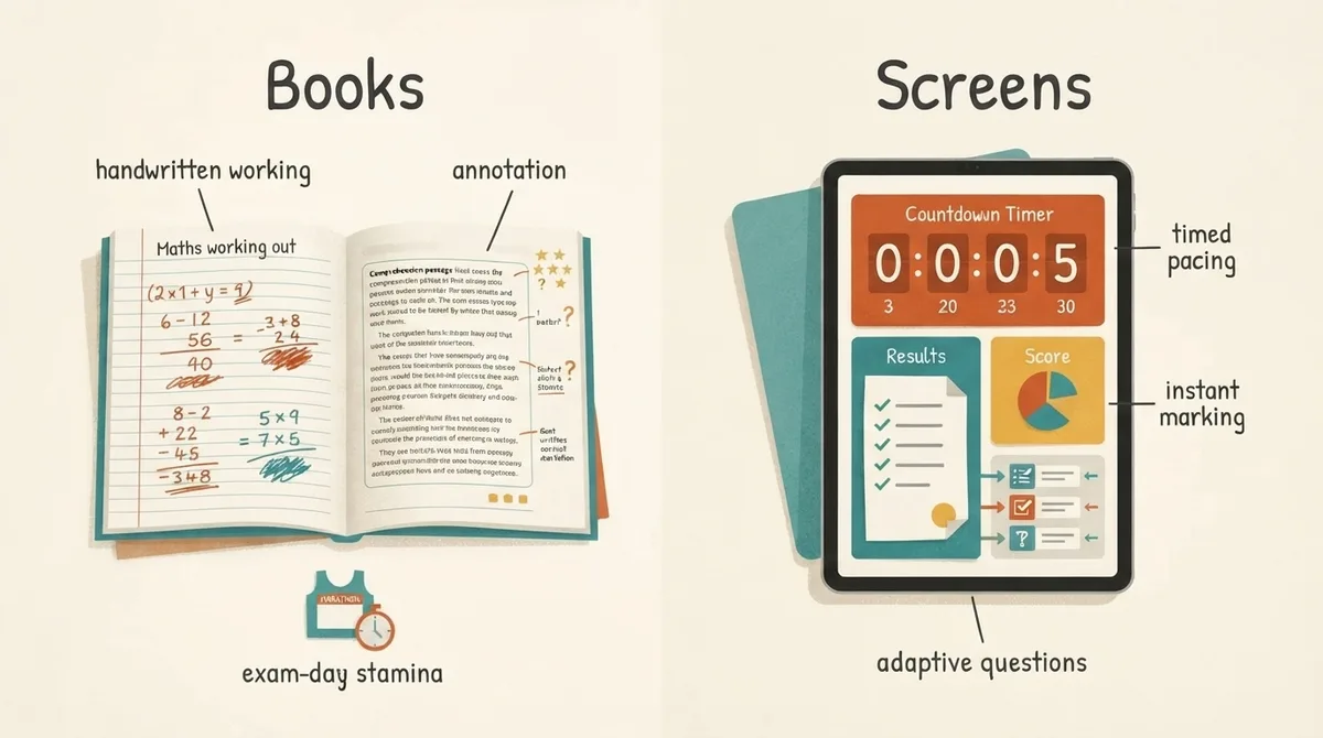 Comparison of what books do well and what screens do well in 11 plus preparation