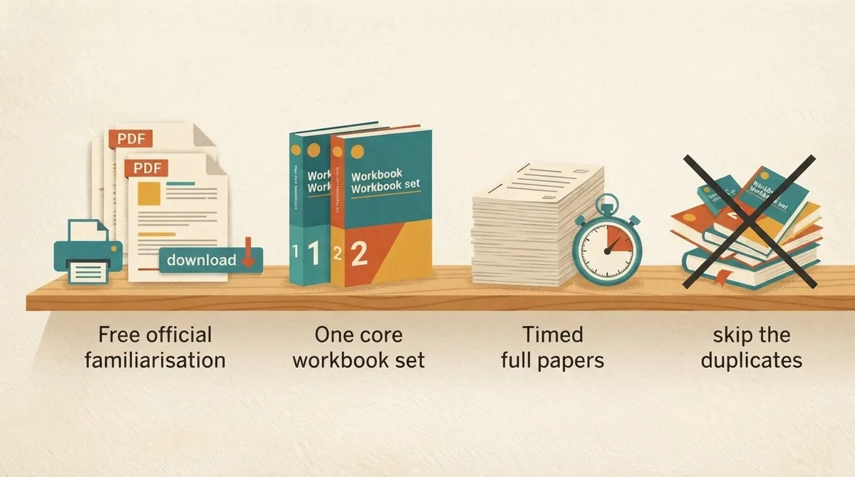 A proportionate 11 plus shelf: free official materials, one core workbook set and timed full papers