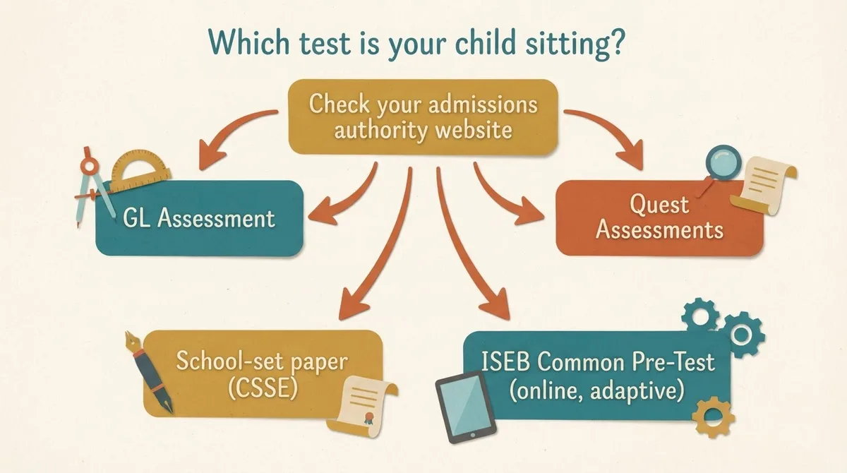 Decision flow showing parents how to identify their local 11 plus test provider before buying books