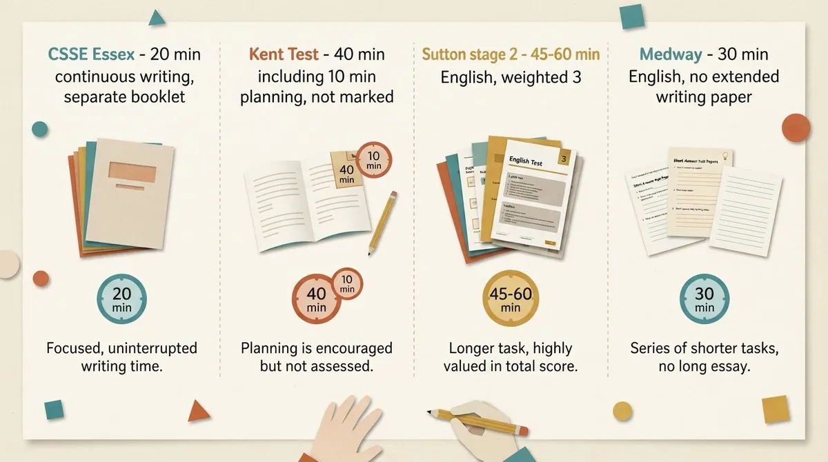 Four UK 11 plus regions compared by writing task, time allowance and how the task is used