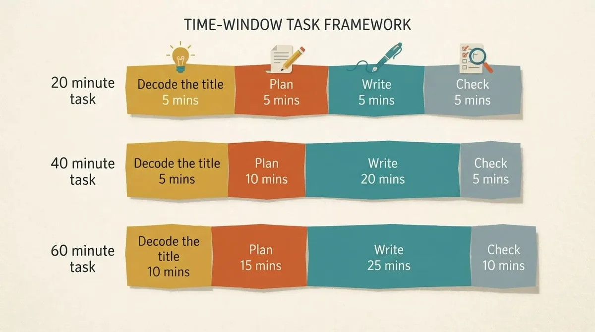 Planning frameworks split into decode, plan, write and check across 20, 40 and 60 minute tasks