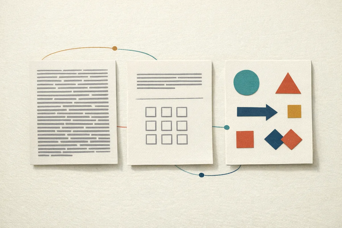 Three stylised exam papers side by side showing a long reading passage, a short passage with tick boxes, and a page of geometric reasoning shapes