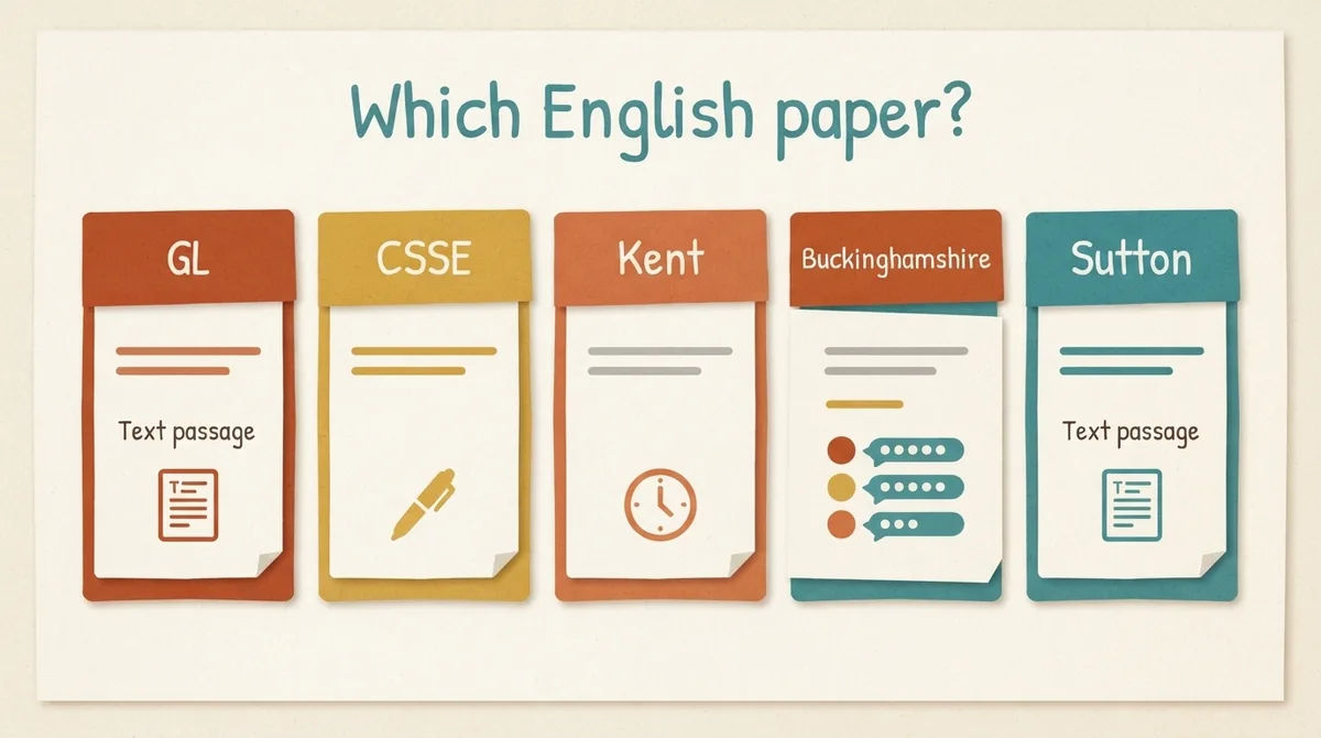Comparison of five regional 11 plus English paper formats shown as labelled cards