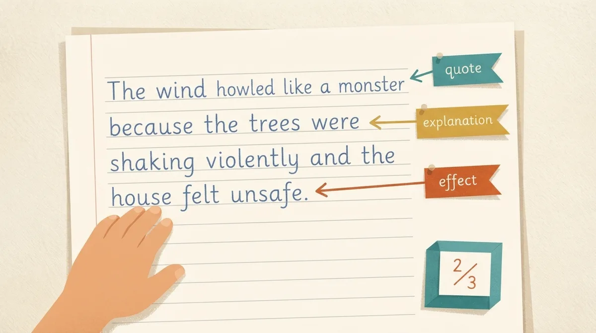 A child's handwritten comprehension answer annotated in the margin with quote, explanation and effect labels and a mark out of three