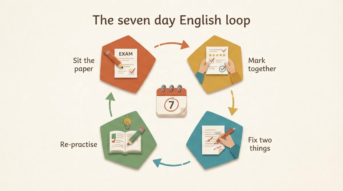 Circular diagram showing a weekly loop: sit the paper, mark together, fix two things, re-practise