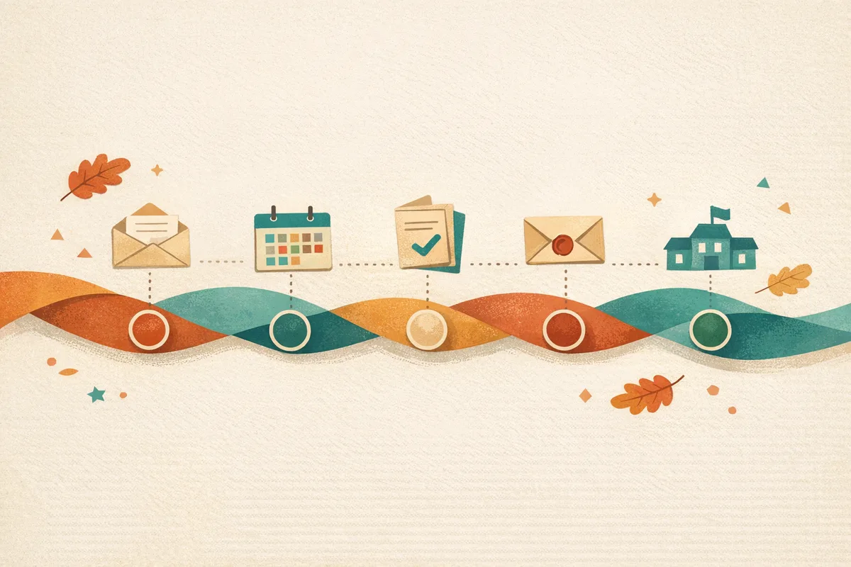 Stylised timeline ribbon with milestone tokens showing an envelope, calendar, exam booklet, letter and school building