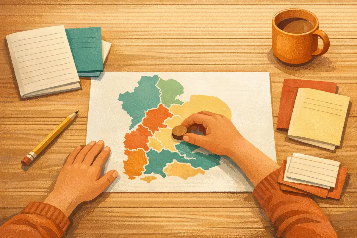 A child's hands placing a wooden marker onto a simplified regional map surrounded by blank exam booklets and a pencil