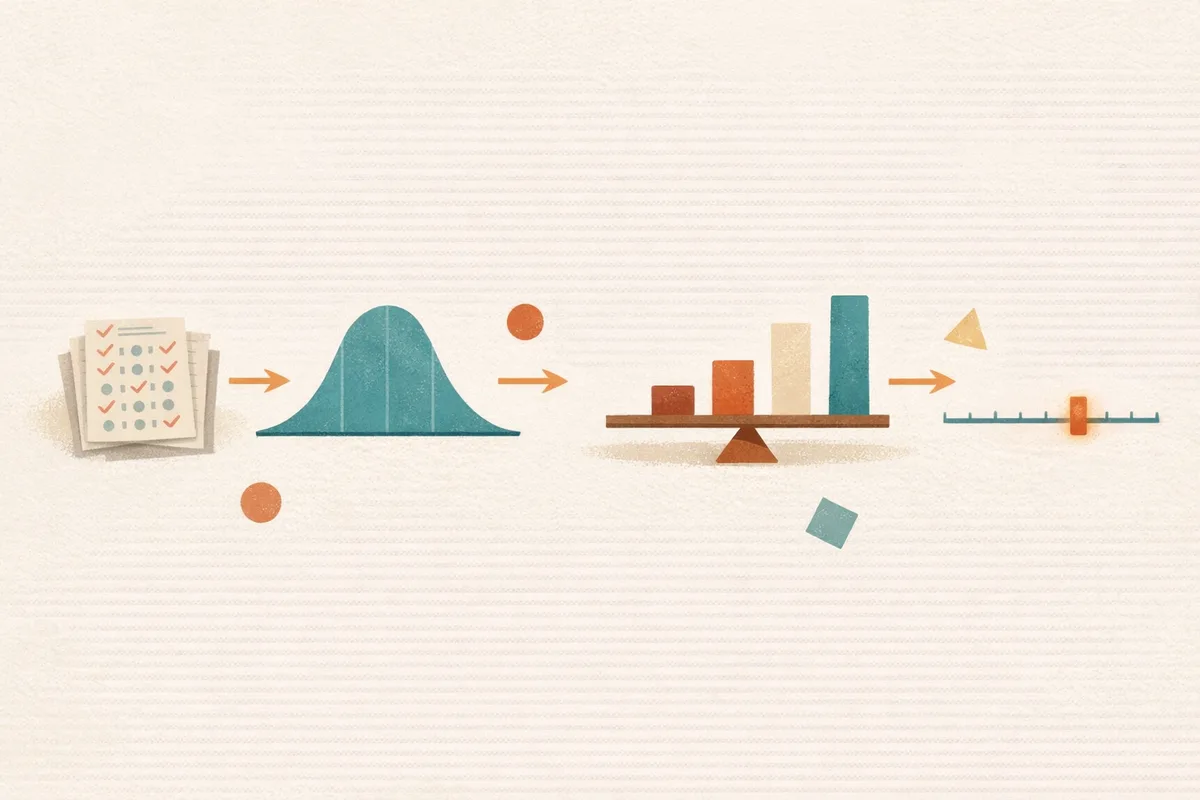 Abstract illustration of marked answer sheets flowing into a bell curve, then weighted blocks on a balance, then a marker on a scale
