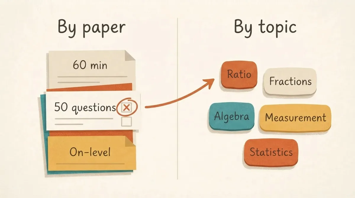 Diagram showing the same maths papers indexed two ways, by full paper and by topic, with an arrow from a wrong answer to the ratio topic test