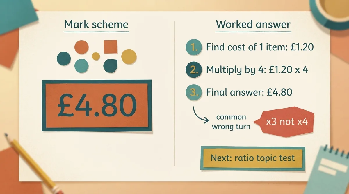 Comparison of a bare mark scheme answer against a worked answer showing steps, the common wrong turn and a next topic test