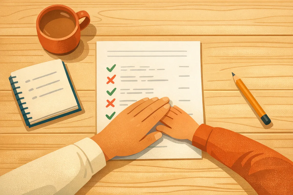 An adult hand and a child's hand meeting over a marked practice paper on a kitchen table, with a notebook and a mug beside it