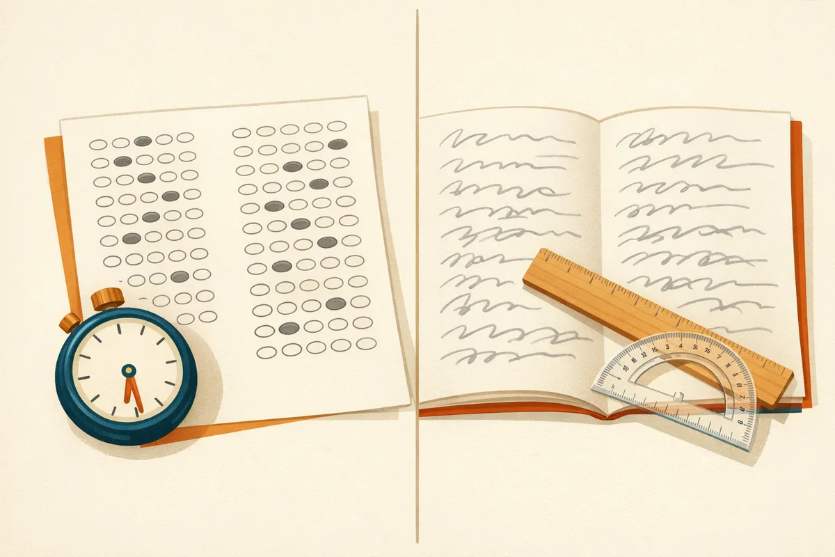 Two contrasting 11 plus maths paper formats side by side, a bubbled multiple-choice answer sheet with a stopwatch and a written answer paper with a ruler and protractor