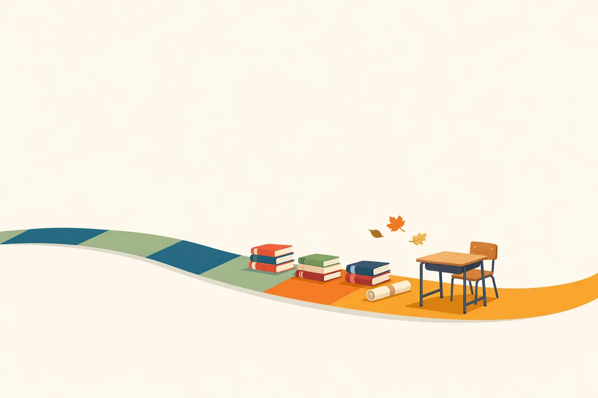 Illustration of a school-year timeline with an exam desk placed before the stacks of unopened textbooks