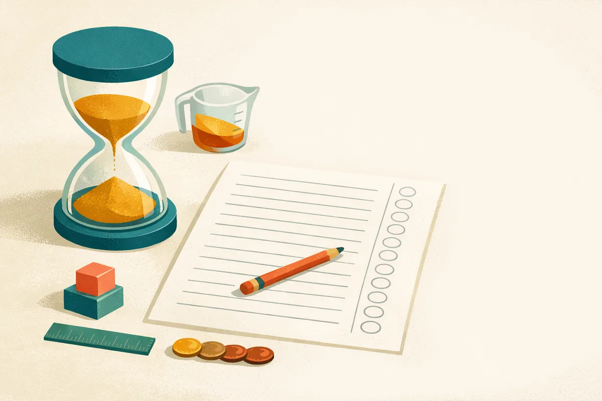 Illustration of a sand timer beside a worksheet with a measuring jug, ruler and coins representing common errors