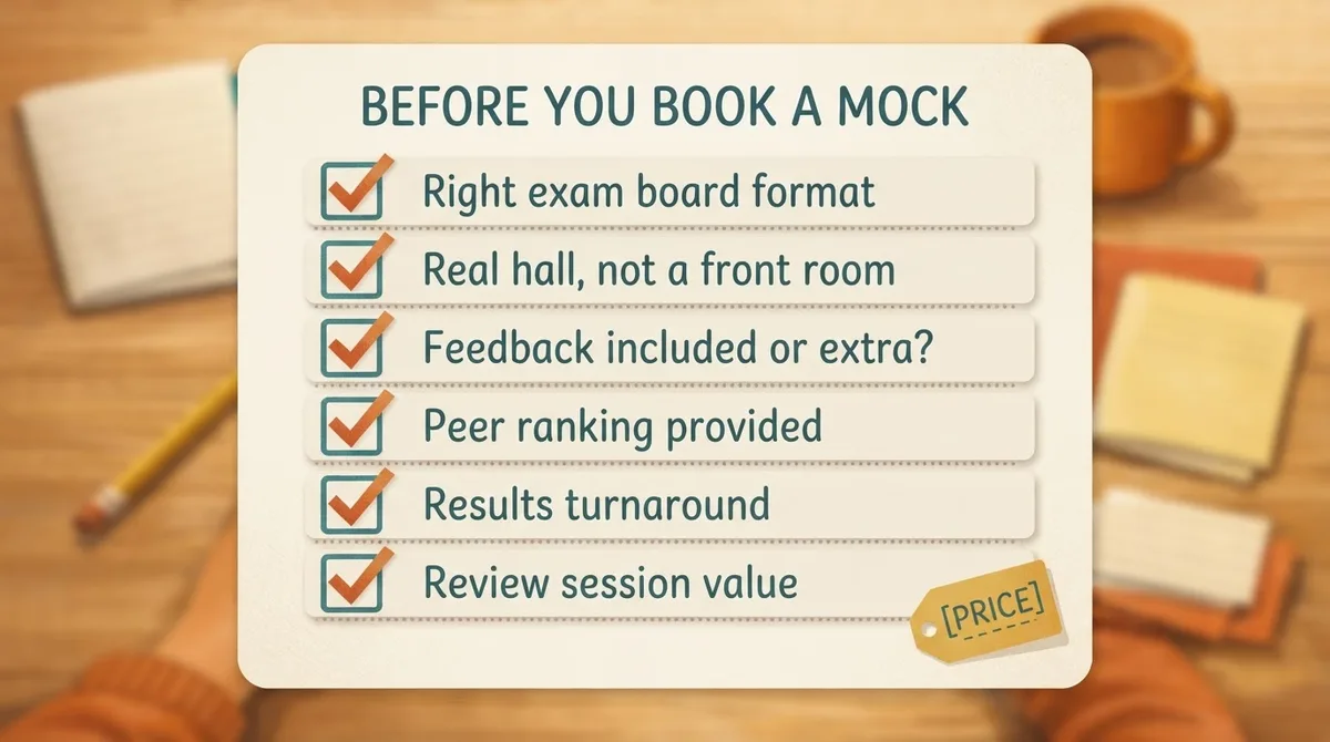 Three panels comparing an online timed test on a laptop, rows of desks in a school hall, and a printed paper with a timer on a kitchen table