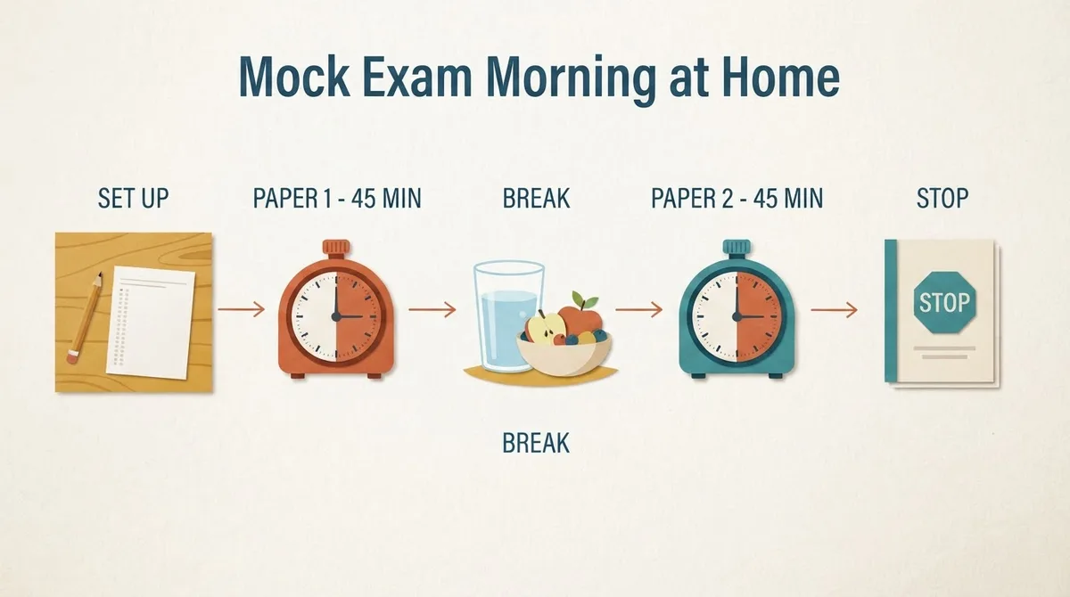 Timeline of a home mock exam morning: set up, paper one for 45 minutes, break, paper two for 45 minutes, stop