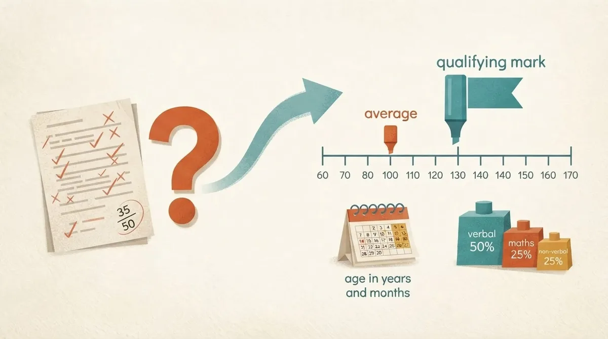 Diagram showing a raw mark of 35 out of 50 with a question mark, next to a standardised score scale running from 60 to 170 with markers at 100 and 121