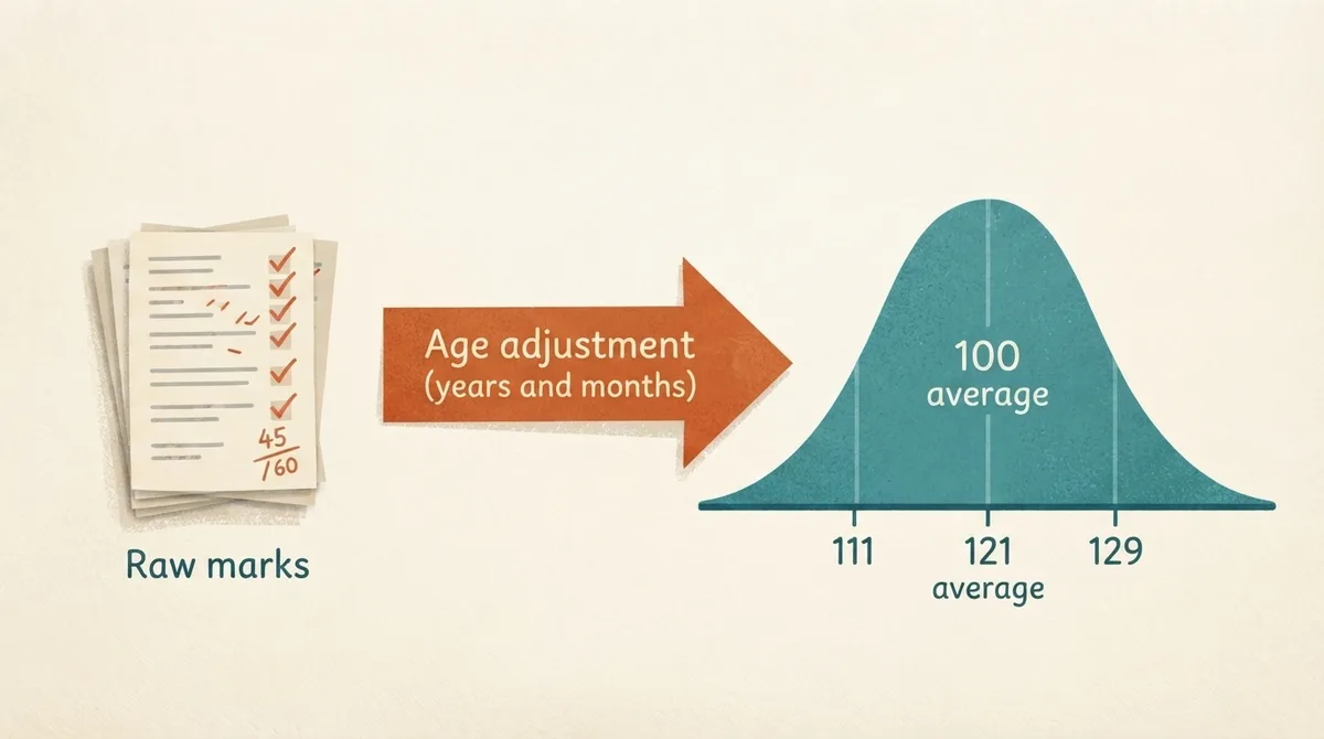 Diagram showing a raw 11 plus score being converted into a standardised score using an age adjustment, with 100 as the average