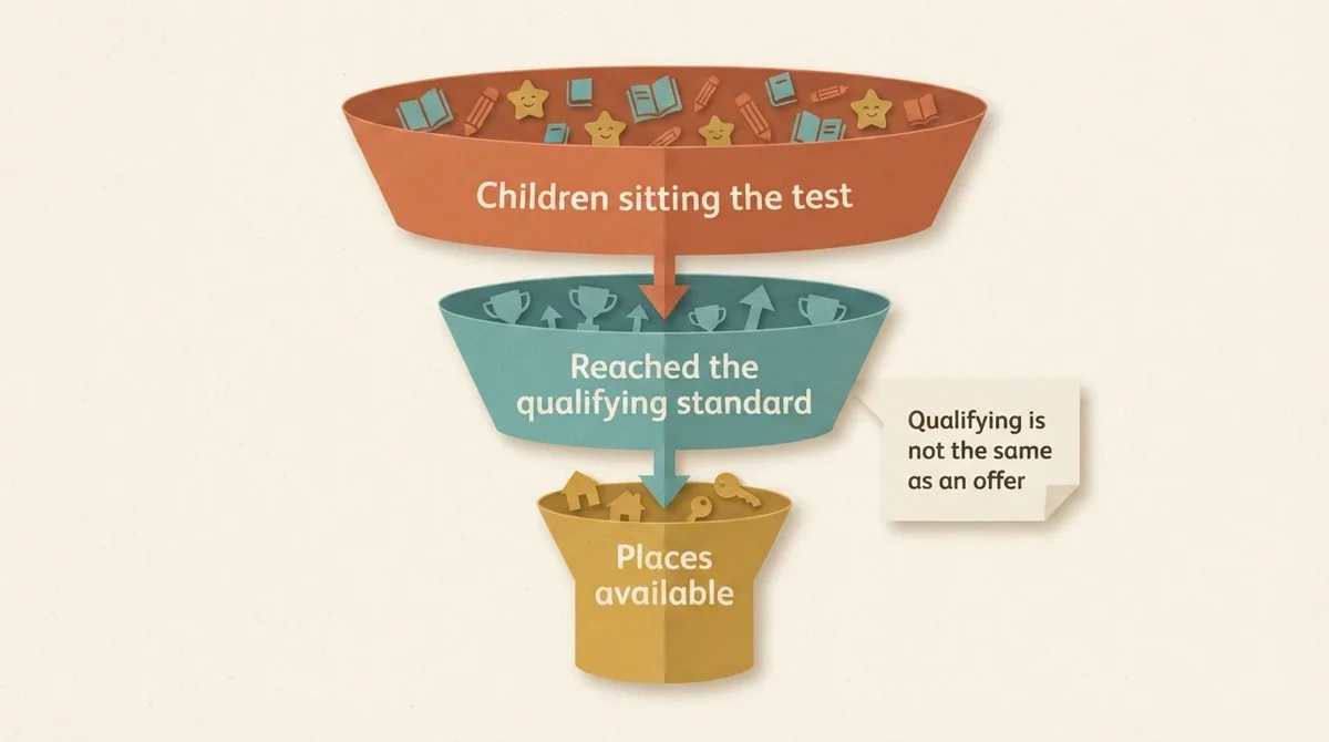 Funnel showing children sitting the test, those reaching the qualifying standard, and the smaller number of places available