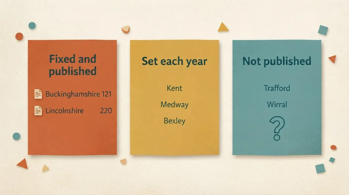 Three cards comparing fixed published 11 plus thresholds, annually set cut-offs and areas with no published threshold