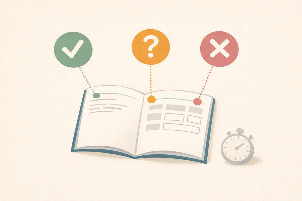 An open exam booklet with three floating badges marking which parts to trust, doubt and ignore, next to a faded stopwatch