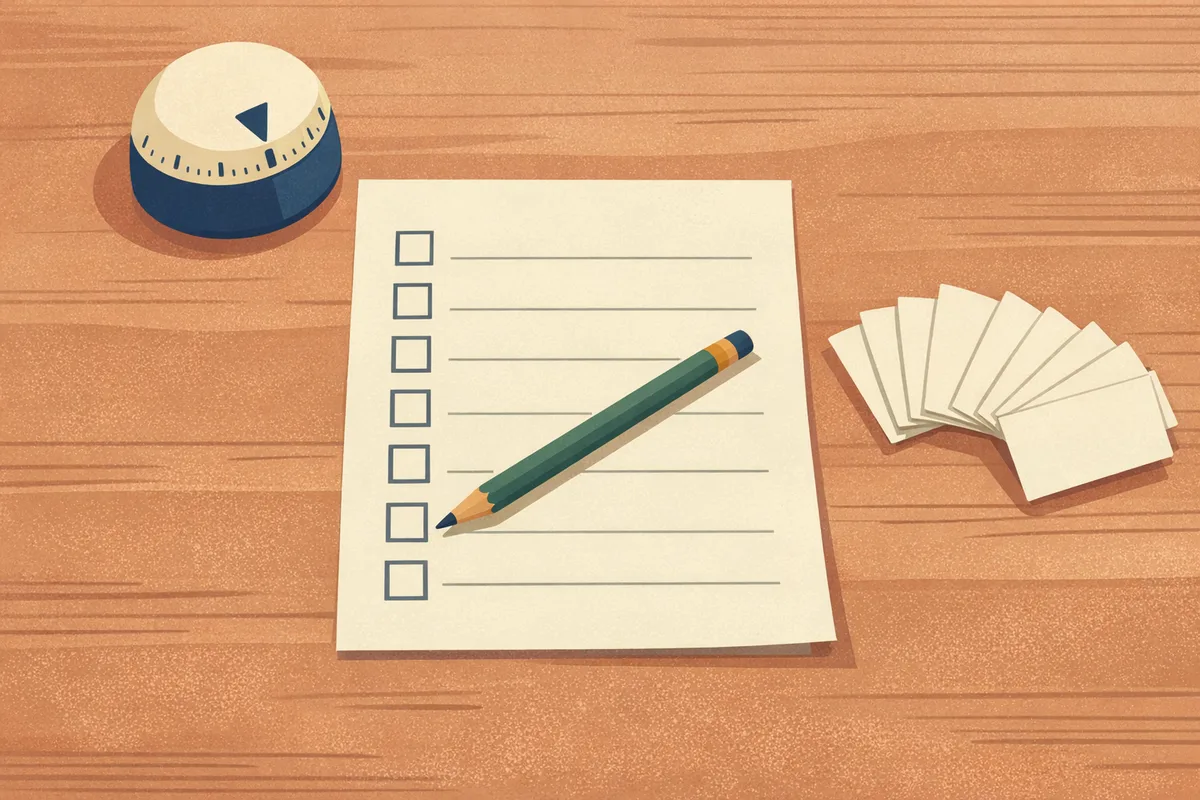 A printed checklist with blank tick boxes, a pencil and a kitchen timer arranged on a desk, viewed from above