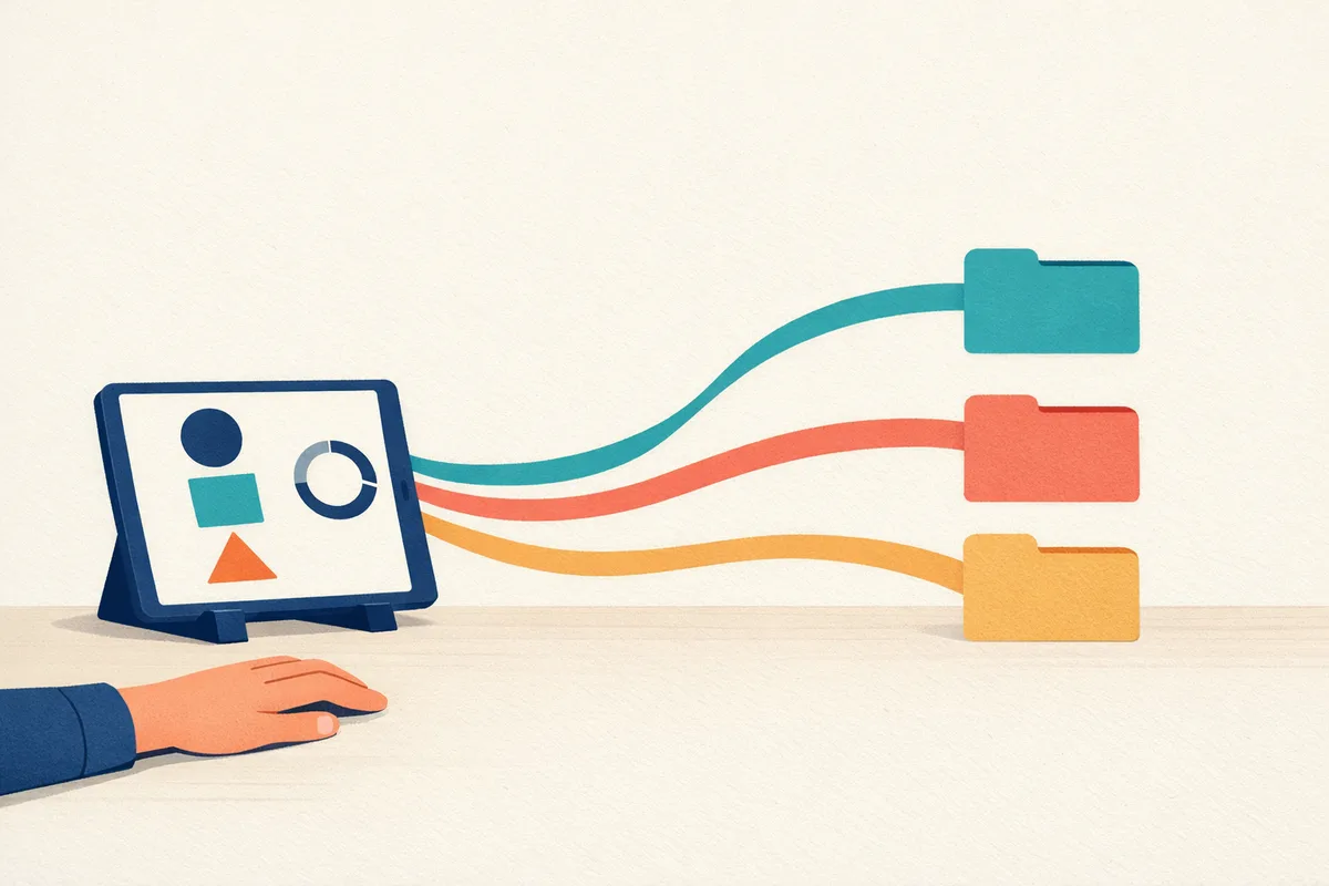 Illustration of a tablet showing an abstract assessment, with three curving paths leading to three coloured folders