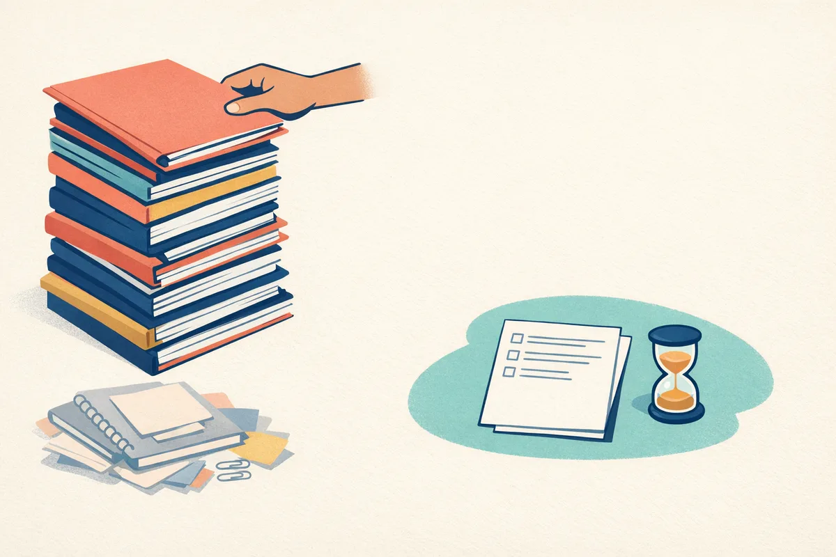 Illustration of workbooks being lifted off a tall stack and set aside, leaving one practice paper and a sand timer highlighted