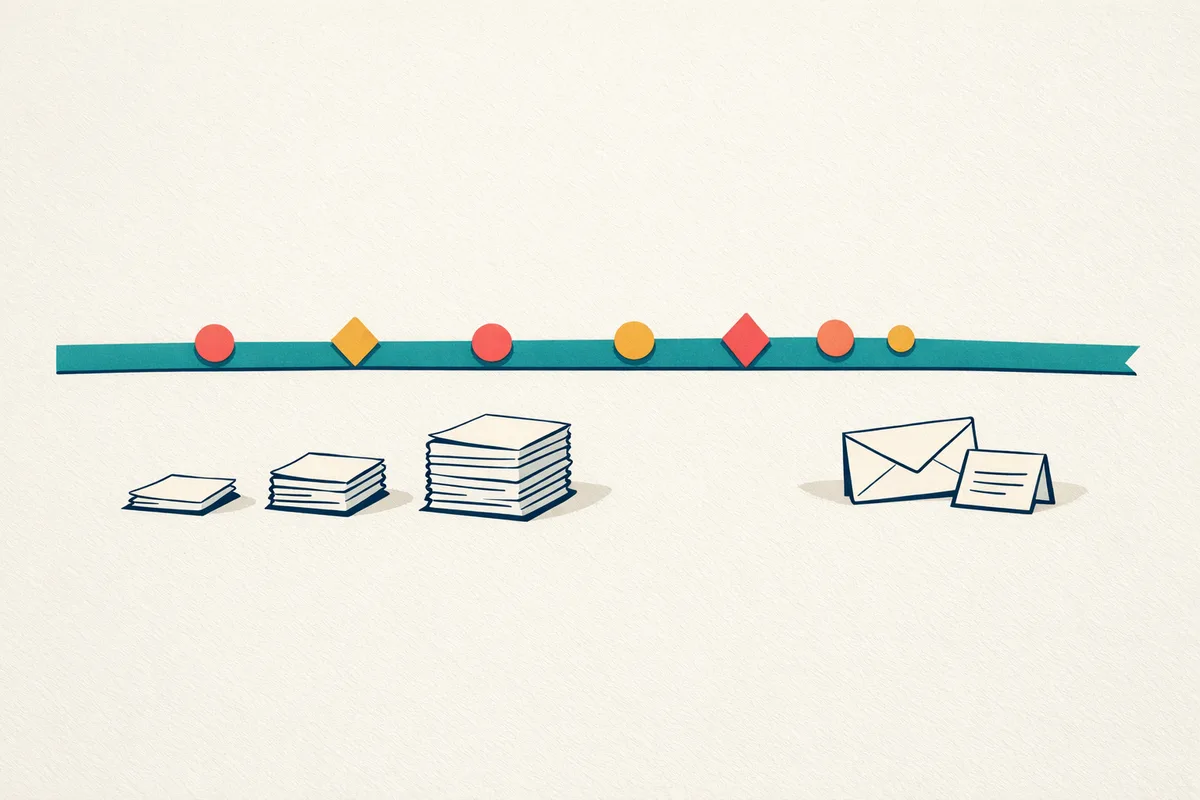 Illustration of a horizontal timeline with milestone markers clustering more tightly towards the right, ending at an envelope