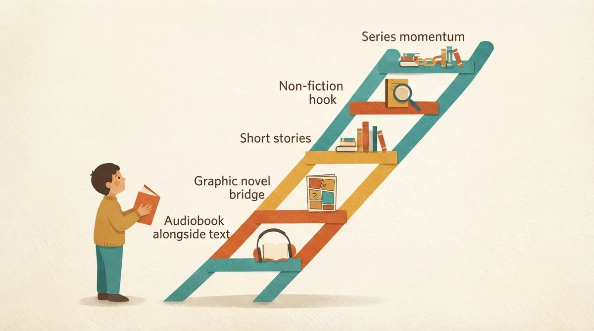 A five-rung ladder labelled audiobook, graphic novel, short stories, non-fiction and series momentum