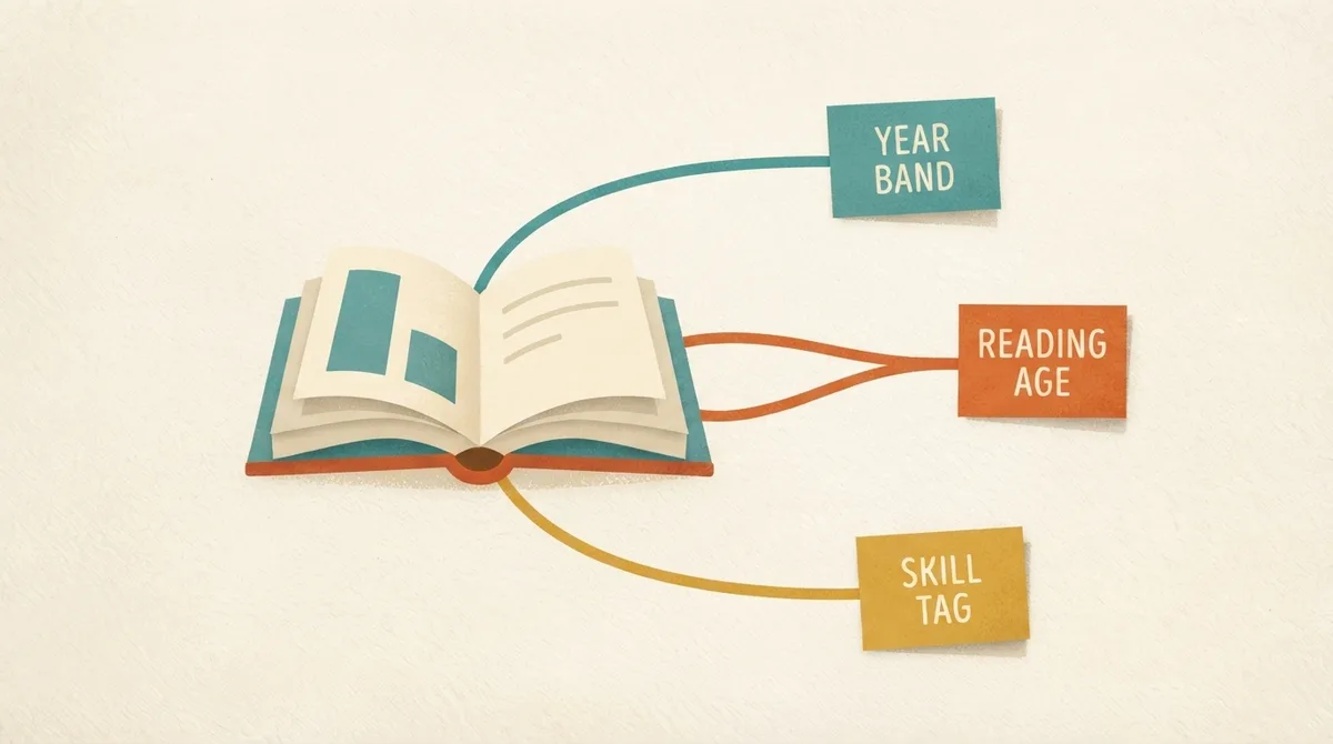 An open book connected by labelled lines to three cards reading year band, reading age and skill tag