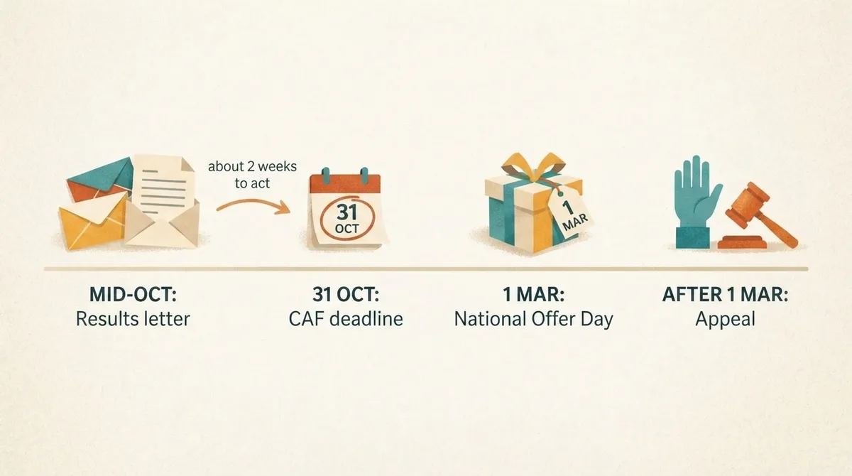 Timeline from mid-October results to the 31 October application deadline, National Offer Day on 1 March and appeals afterwards