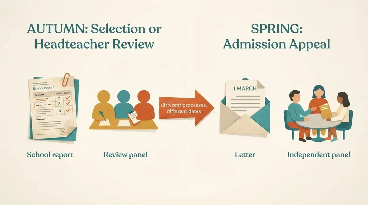 Autumn selection and headteacher reviews on one side, spring admission appeals on the other