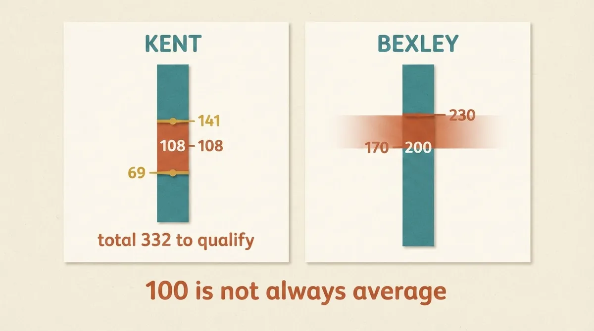 Two score scales compared, Kent's per-paper range of 69 to 141 against Bexley's scale centred on 200