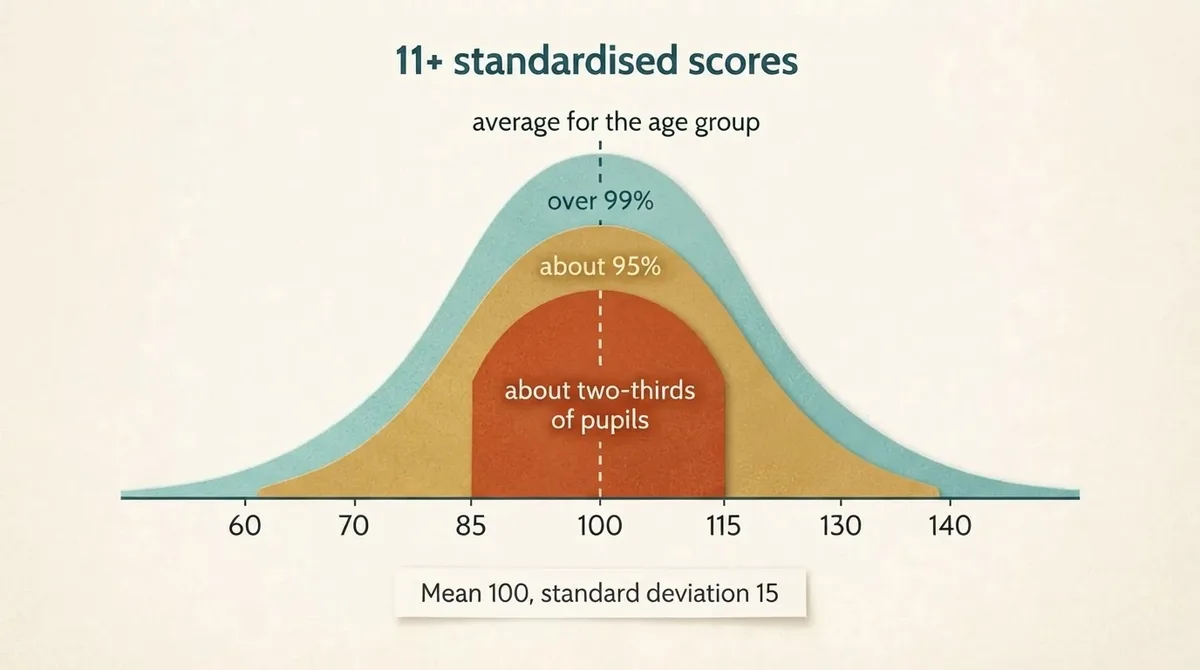 Bell curve of 11 plus standardised scores showing 100 as the age group average with bands at 85 to 115, 70 to 130 and 60 to 140