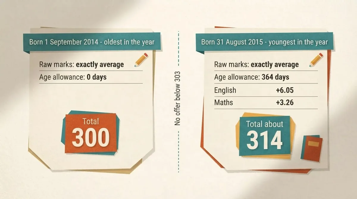 Two children with identical average raw marks, one born September 2014 scoring 300 and one born August 2015 scoring about 314, either side of the 303 threshold