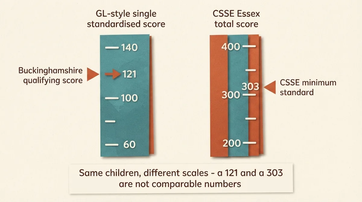 Two vertical scales compared, a GL style scale marked 60 to 140 with 121 flagged, and a CSSE total scale centred on 300 with 303 flagged
