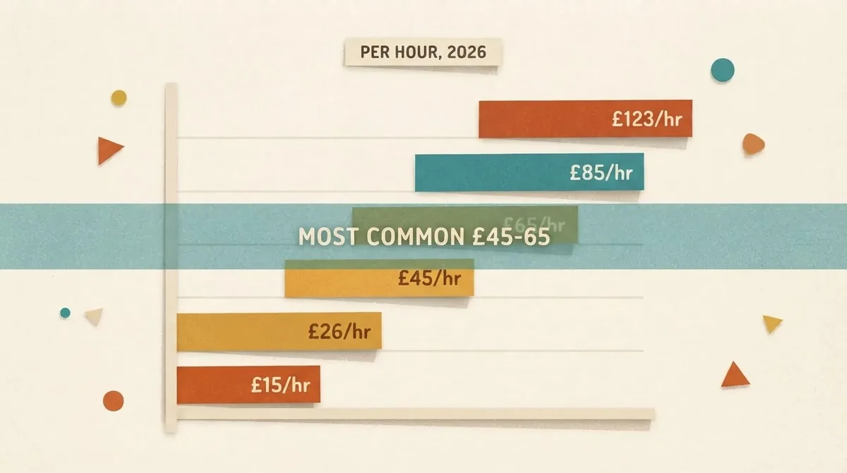 Bar chart of UK 11 plus tutoring hourly rates from fifteen pounds to one hundred and twenty three pounds, with the most common band highlighted at forty five to sixty five pounds