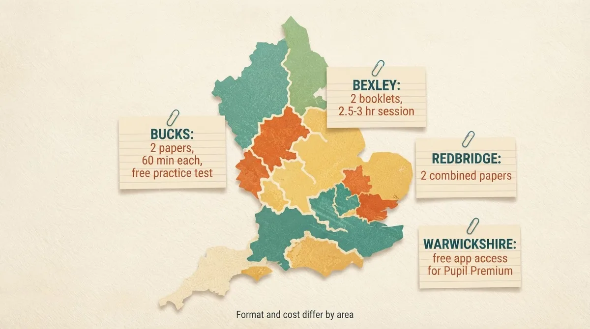 Regional cards showing different 11 plus test formats in Buckinghamshire, Bexley, Redbridge and Warwickshire
