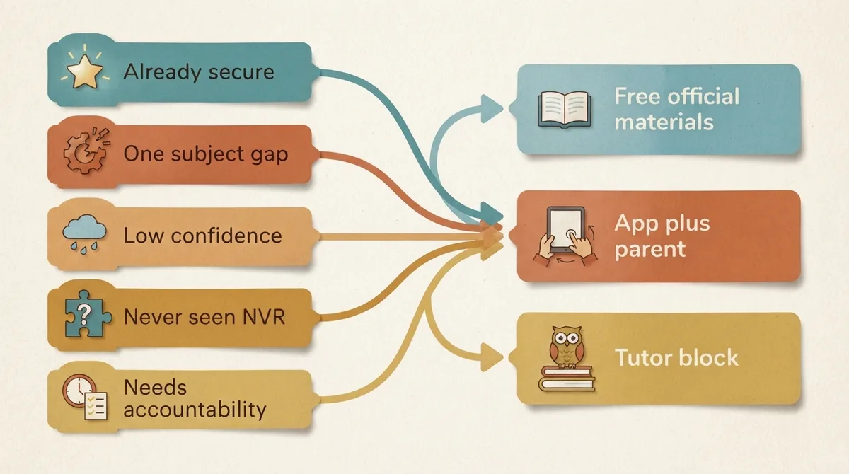 Diagram matching five child profiles to three 11 plus preparation routes: free official materials, app plus parent, and a targeted tutor block
