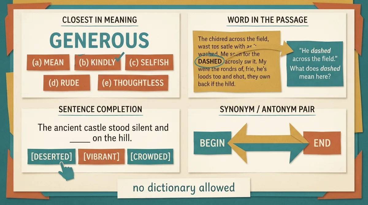 Four panels showing the four ways 11 plus papers test vocabulary: closest in meaning, find the word in the passage, sentence completion and synonym or antonym pairs