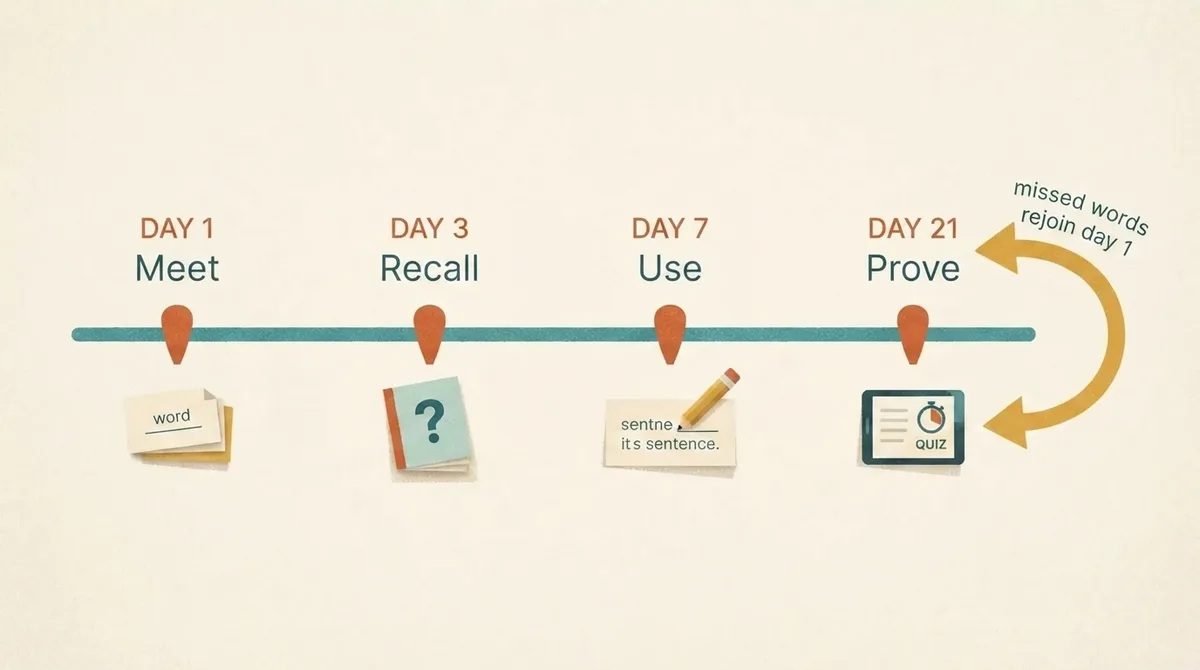 Timeline showing a vocabulary batch revisited on day 1, day 3, day 7 and day 21, with missed words rejoining at day 1
