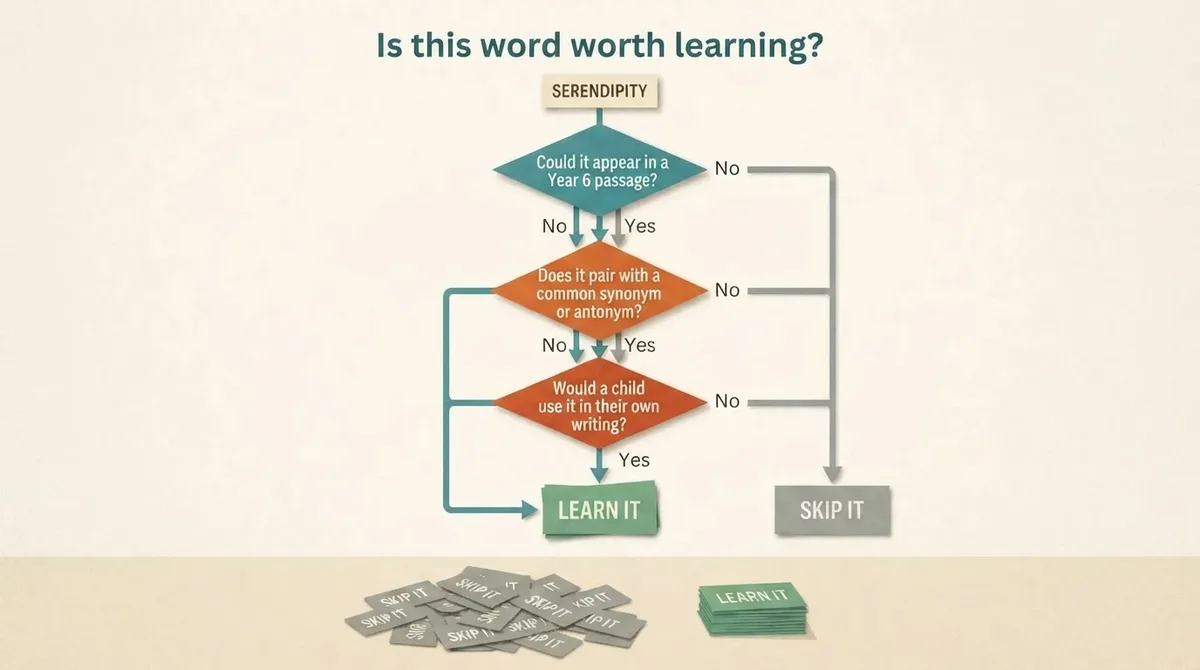 Flowchart deciding whether a vocabulary word is worth learning, with most cards routed to a skip pile