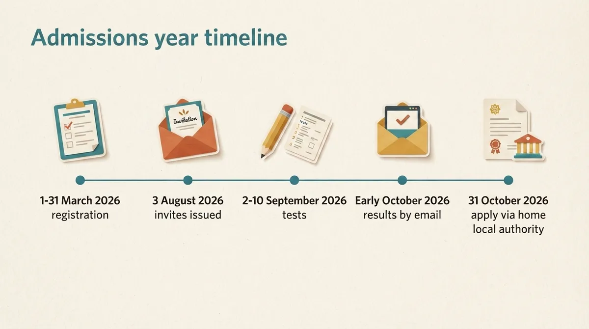 Timeline of the Bexley 11 plus cycle from March registration through September testing to October results