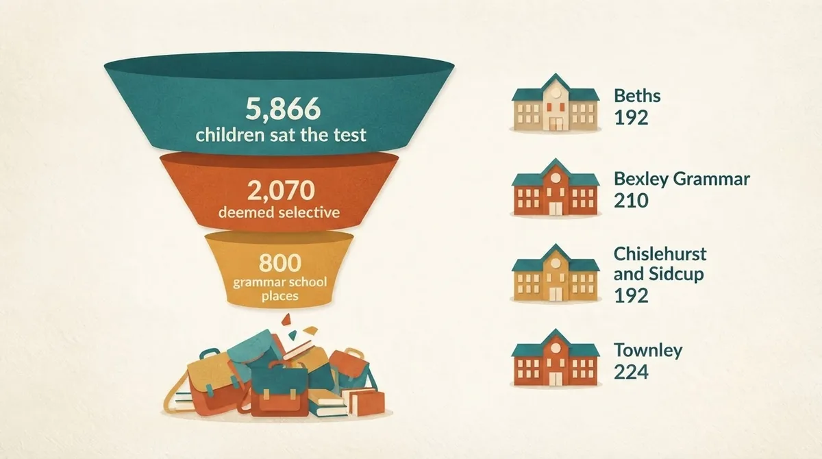 Funnel showing 5,866 children sitting the Bexley Selection Test, 2,070 deemed selective and 800 grammar school places available