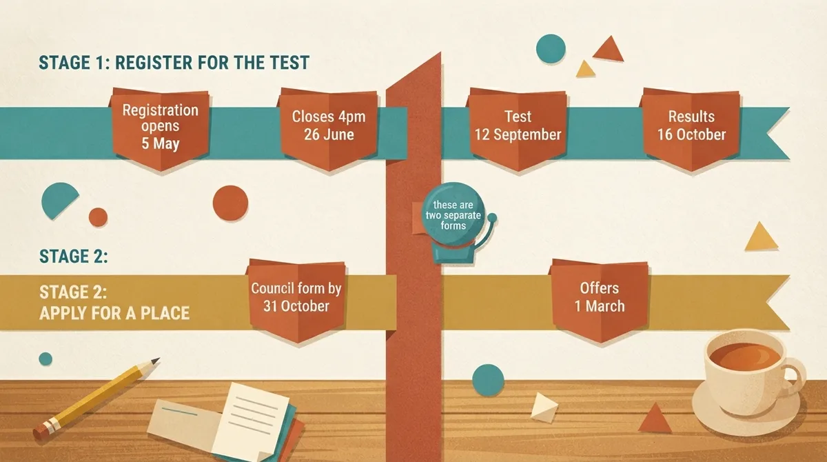 Timeline showing the test registration stage and the separate council application stage side by side