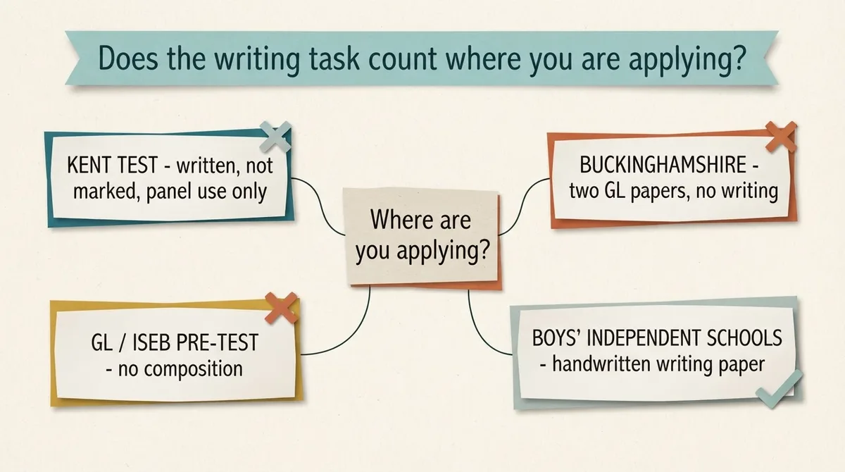 Decision chart showing whether the 11 plus writing task is assessed in Kent, Buckinghamshire, GL and ISEB routes, and boys' independent schools